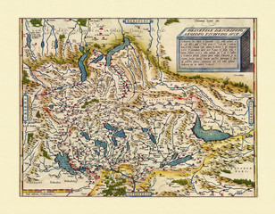 Old map of Switzerland. Excellent state of preservation realized in ancient style. All the graphic composition is inside a frame. By Ortelius, Theatrum Orbis Terrarum, Antwerp, 1570