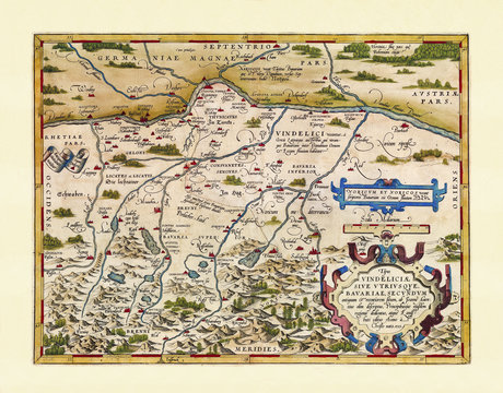 Old detailed map of Bavaria. Excellent state of preservation realized in ancient style. All the graphic composition is inside a frame. By Ortelius, Theatrum Orbis Terrarum, Antwerp, 1570