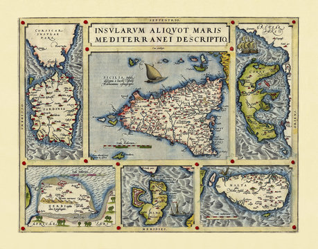 Old detailed map of Mediterranenan islands, Italy. Excellent state of preservation realized in ancient style. Composition is inside a frame. By Ortelius, Theatrum Orbis Terrarum, Antwerp, 1570