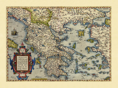 Old map of Greece. Excellent state of preservation realized in ancient style. All the graphic composition is inside a frame. By Ortelius, Theatrum Orbis Terrarum, Antwerp, 1570