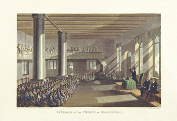 Assembly in Genadendal church interior, South Africa. Vintage illustration by Cocking and Havell after Latrobe, publ. on Journal of a Visit to South Africa, in 1815, and 1816, London 1818 - obrazy, fototapety, plakaty