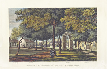 Long view of Missionaries premises in Genadendal village, South Africa. Old illustration by Cocking and Stadler after Latrobe, on Journal of a Visit to South Africa, in 1815, and 1816, London 1818