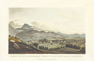 Natural landscape. Panoramic view of Genadendal village, South Africa. Old illustration by Cocking and Stadler after Latrobe, Journal of a Visit to South Africa, in 1815, and 1816, London 1818