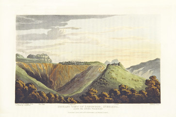 Natural landscape. Hill above a wood with a small village on top. Longwood, St. Helena. By Cocking and Bluck after Latrobe, publ. on Journal of a Visit to South Africa, in 1815, and 1816, London 1818