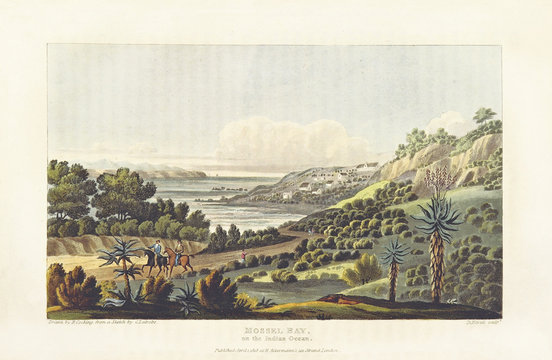 Landscape with hills and sea in background with the horizon line. Mossel Bay, South Africa. By Cocking and Havell after Latrobe, on Journal of a Visit to South Africa, in 1815, and 1816, London 1818