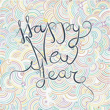 Happy New Year and Merry Christmas large postcard with calligraphic text on pattern background.