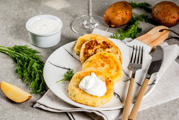Vegan food. Cheese mashed potato pancakes, cutlets with dill and sour cream. On gray stone background, copy space