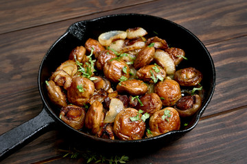 Fried mushrooms in frying pan