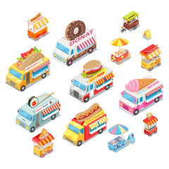 Street Food Eateries on Wheel Isometric Vector Set