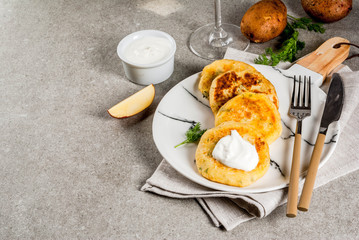 Vegan food. Cheese mashed potato pancakes, cutlets with dill and sour cream. On gray stone background, copy space