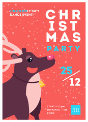 Christmas party poster template design. Xmas flyer in funny cartoon style. Winter holiday club event admission or entrance ticket layout. Vector illustration