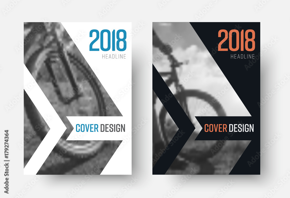 Poster Design of vector white and black covers of the 2018 report in a minimalist style. A flyer template with an arrow for a photo and a ribbon for the title. blurred photo for an example