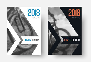 Design of vector white and black covers of the 2018 report in a minimalist style. A flyer template with an arrow for a photo and a ribbon for the title. blurred photo for an example