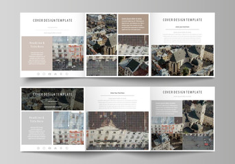 Business templates for tri fold square design brochures. Leaflet cover, abstract flat layout, easy editable vector. Colorful background made of dotted texture for travel business, urban cityscape.