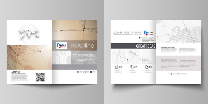 The minimalistic vector illustration of editable layout of two A4 format modern covers design templates for brochure, flyer, report. Global network connections, technology background with world map.