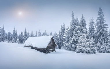 Forester's hut in the snowy mountain forest