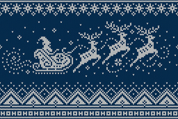 Santa Claus Rides Reindeer Sleigh Silhouette. Winter Holiday Seamless Knitted Pattern. Knitting Wool Sweater Design