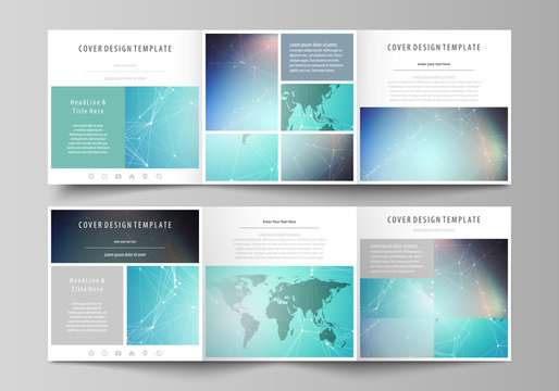 The abstract minimalistic vector illustration of the editable layout. Two creative covers design templates for square brochure. Molecule structure, connecting lines and dots. Technology concept.