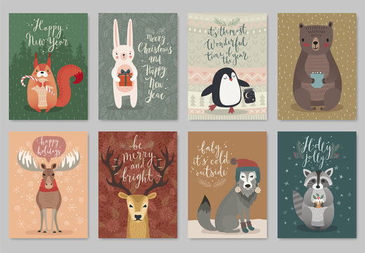 Christmas animals card set, hand drawn style.