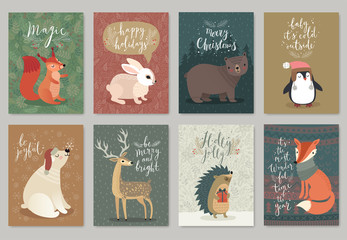 Christmas animals card set, hand drawn style. © avian