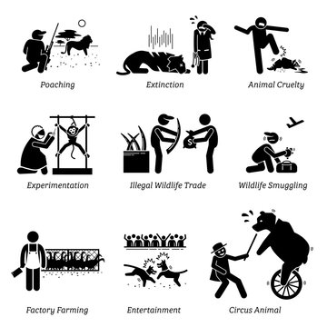 Animal Rights and Issues Stick Figure Pictogram Icons. Illustrations depicts poaching, extinction, animal cruelty, experimentation, illegal wildlife trade, factory farming, entertainment, and circus.