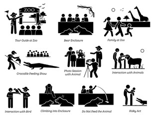 People, Tourist, and Family at Zoo Stick Figure Pictogram Icons. Illustrations depicts tour guide at zoo, animal, bear enclosure, crocodile feeding show, photo session, touching animal, and risky act.