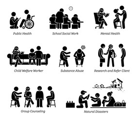 Social Workers Stick Figure Pictogram Icons. Illustrations depict social worker on public health, school, child welfare, substance abuse, research refer client, natural disaster and group counseling. 
