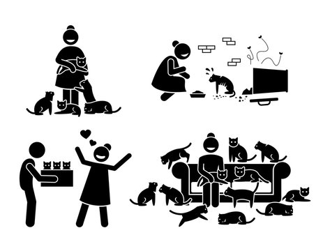 Crazy Cat Lady Stick Figure Pictogram Icons. Illustrations Depicts A Woman With A Lot Of Cats In Her House. She Adopts, Loves, And Feeds Stray Cats.