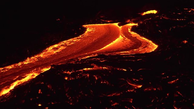 River of lava 16 Night Glowing Hot flow from Kilauea Active Volcano Puu Oo Vent Active Volcano Magma