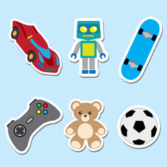 Illustration of an icons of toys, trolley, robot, video game, skate, ball, teddy bear. Ideal for catalogs, information and institutional and educational material