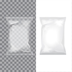 Set of transparent and white foil bag packaging for food, snack, coffee, cocoa, sweets, crackers, nuts, chips. Vector plastic pack mock up