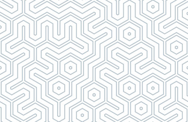 Seamless geometric pattern with hexagons and lines. Irregular structure for fabric print. Monochrome abstract background.