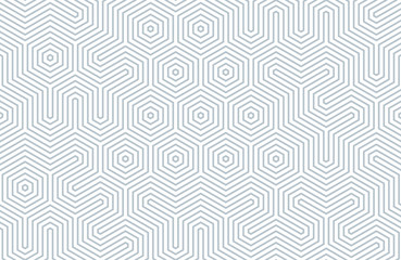 Seamless geometric pattern with hexagons and lines. Irregular structure for fabric print. Monochrome abstract background.