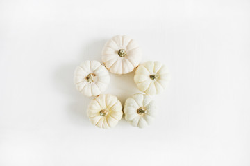 Fototapeta na wymiar Frame of white pumpkins. Autumn minimal arrangement. Flat lay, top view.