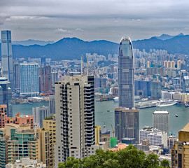 View from Victoria Peak of the Hong Kong city skyline and Victoria Harbour