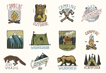 set of engraved vintage, hand drawn, old, labels or badges for camping, hiking, hunting with mountains, campfire and tent, axes. bear and backpack, wolf or red fox.