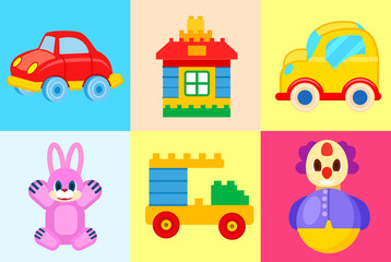 Toys Collection Isolated on Colorful Backgrounds