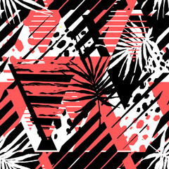 Fototapeta na wymiar Abstract geometrical seamless rough grunge pattern, palm leaves summer funky seamless print.