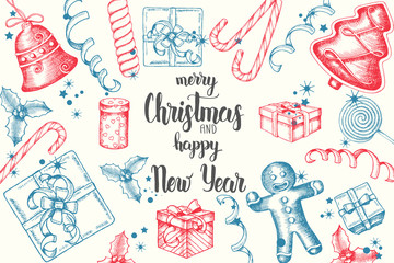 Background with hand drawn doodle Christmas objects and symbols. Greeting hand made quote "Merry Christmas and Happy New Year". Sketch. Lettering. Vector. Banner, poster, flyer, brochure.