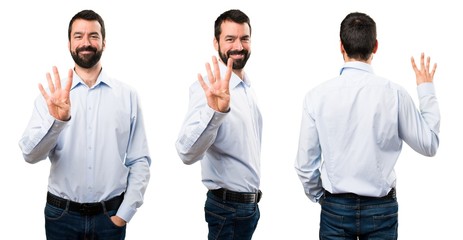 Fototapeta premium Set of Handsome man with beard counting four