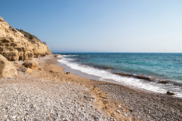 Fototapeta na wymiar Beach at Aegean sea, Rhodes, Greece