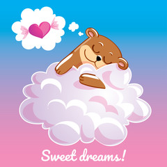 Greeting card with a cartoon bear on the cloud