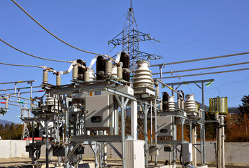 Part of high-voltage substation with switches and disconnectors.