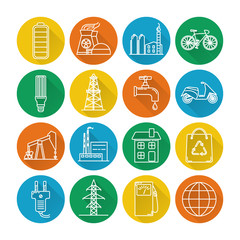 Set of energy and ecology line icons with long shadow