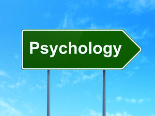 Medicine concept: Psychology on green road highway sign, clear blue sky background, 3D rendering