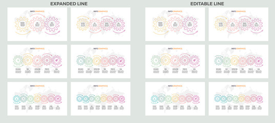 Business presentations. Timelines with 3, 4, 5, 6, 7, 8 steps, gears. Outline vector templates.