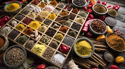 Close-up of different types of Assorted Spices in a wooden box