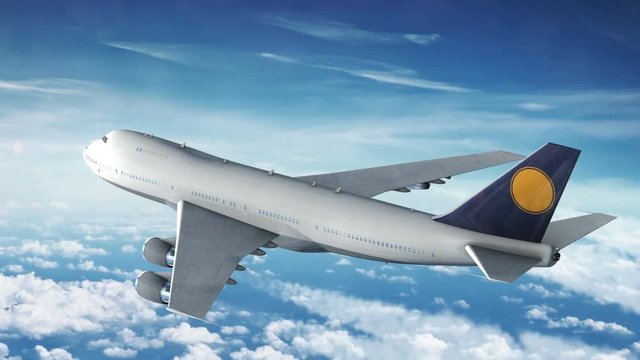 camera chasing a commercial airplane flying above the clouds