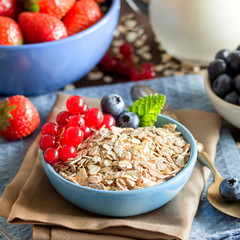 Rolled oats in a bowl with berries and milk