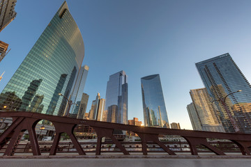 Fototapeta na wymiar Chicago downtown with bridges during sunset, Chicago, Illinois, USA.
